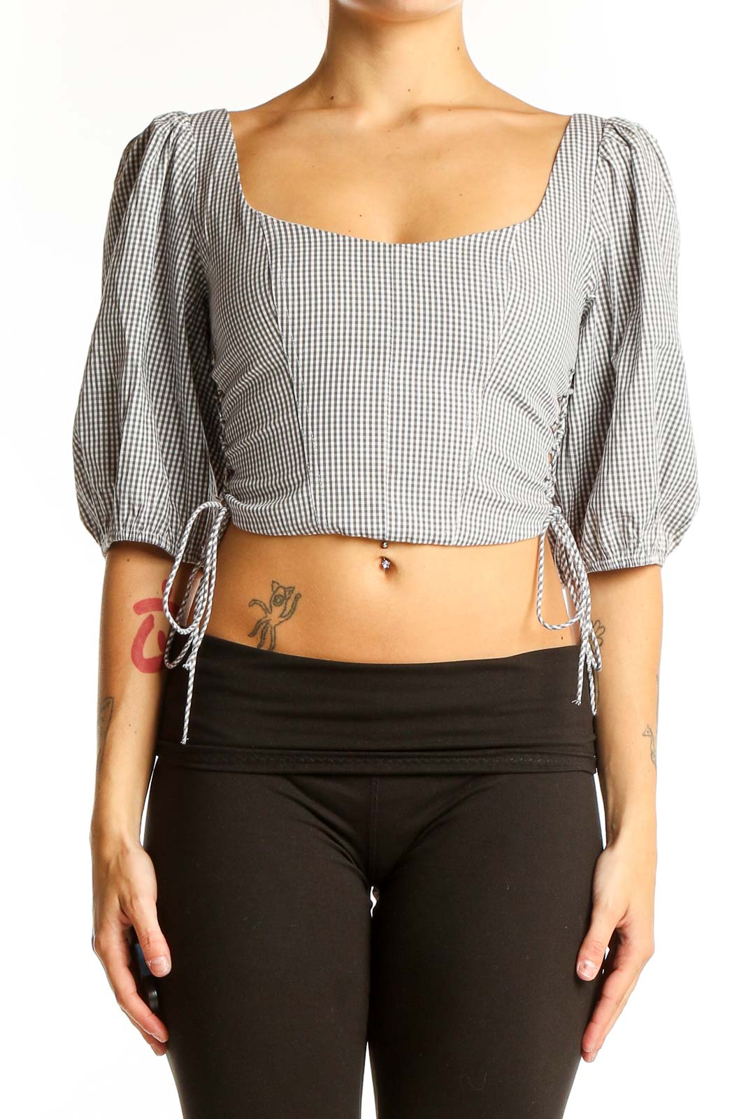 Gray Gingham Puff Sleeve Crop Top Front