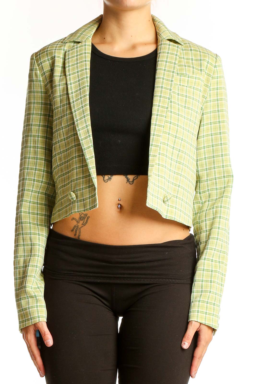 Yellow Plaid Cropped Blazer Front