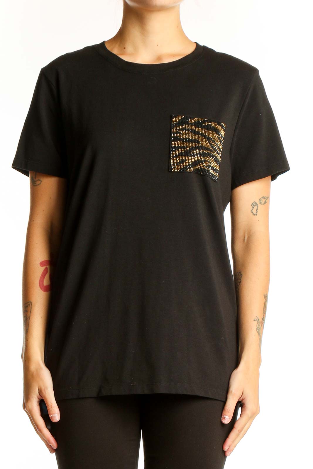 Black Cotton Blend T-Shirt with Animal Print Pocket Front