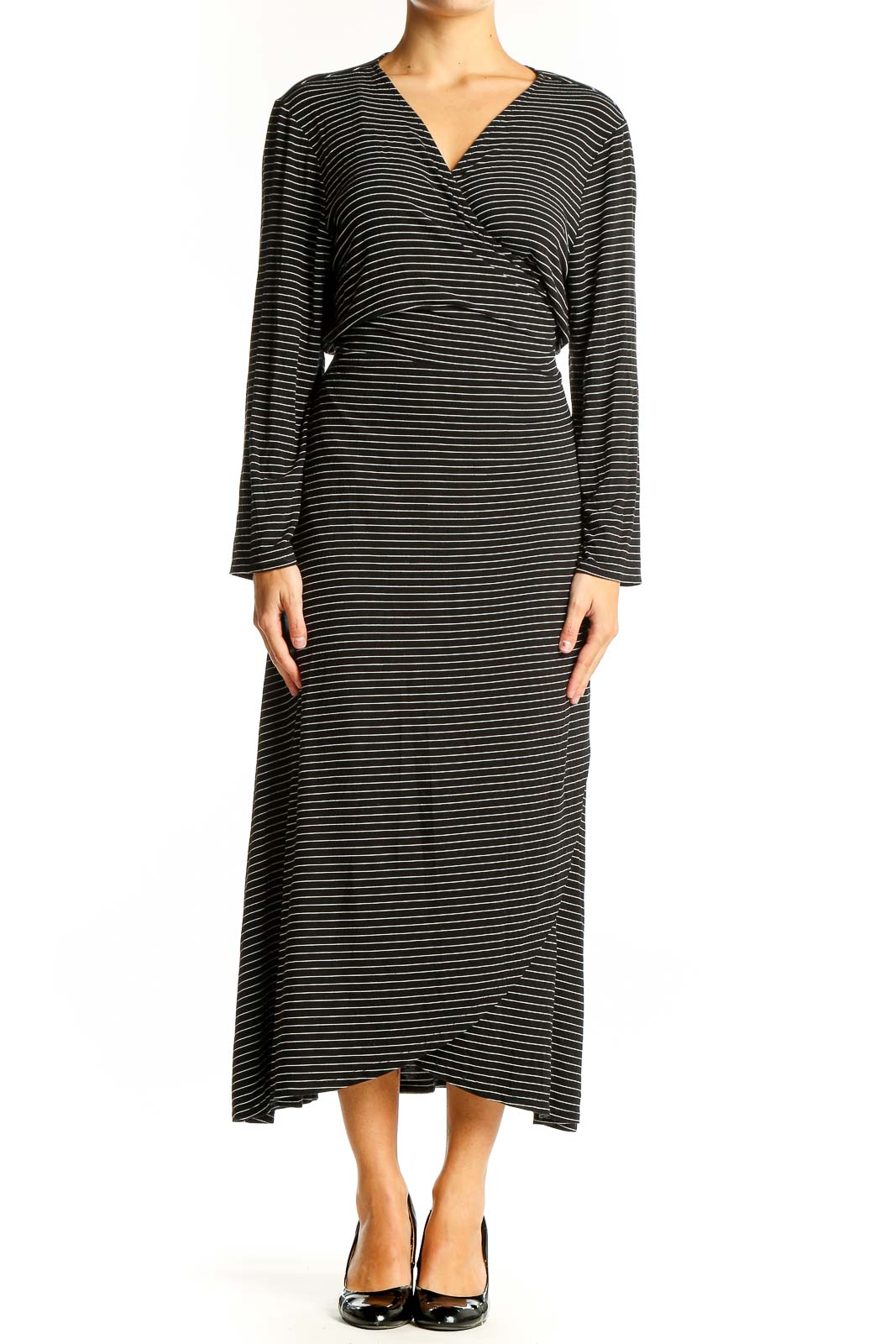 Black Striped Wrap Midi Dress Front