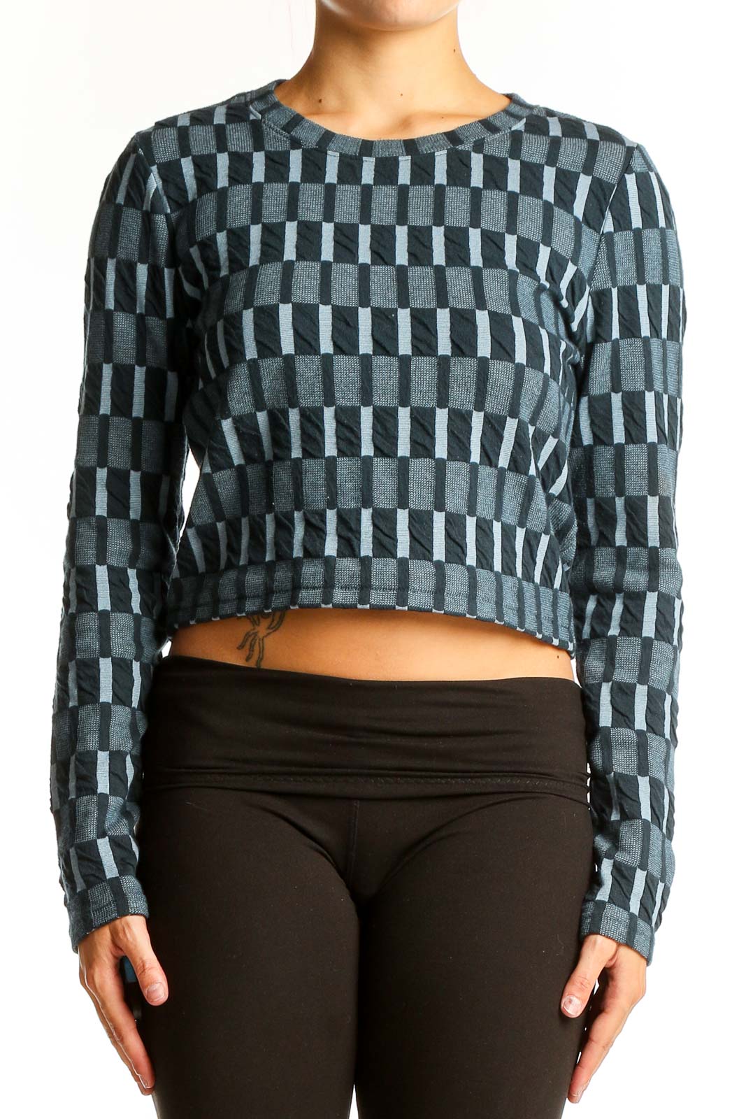 Blue Checkered Crop Knit Sweater Front