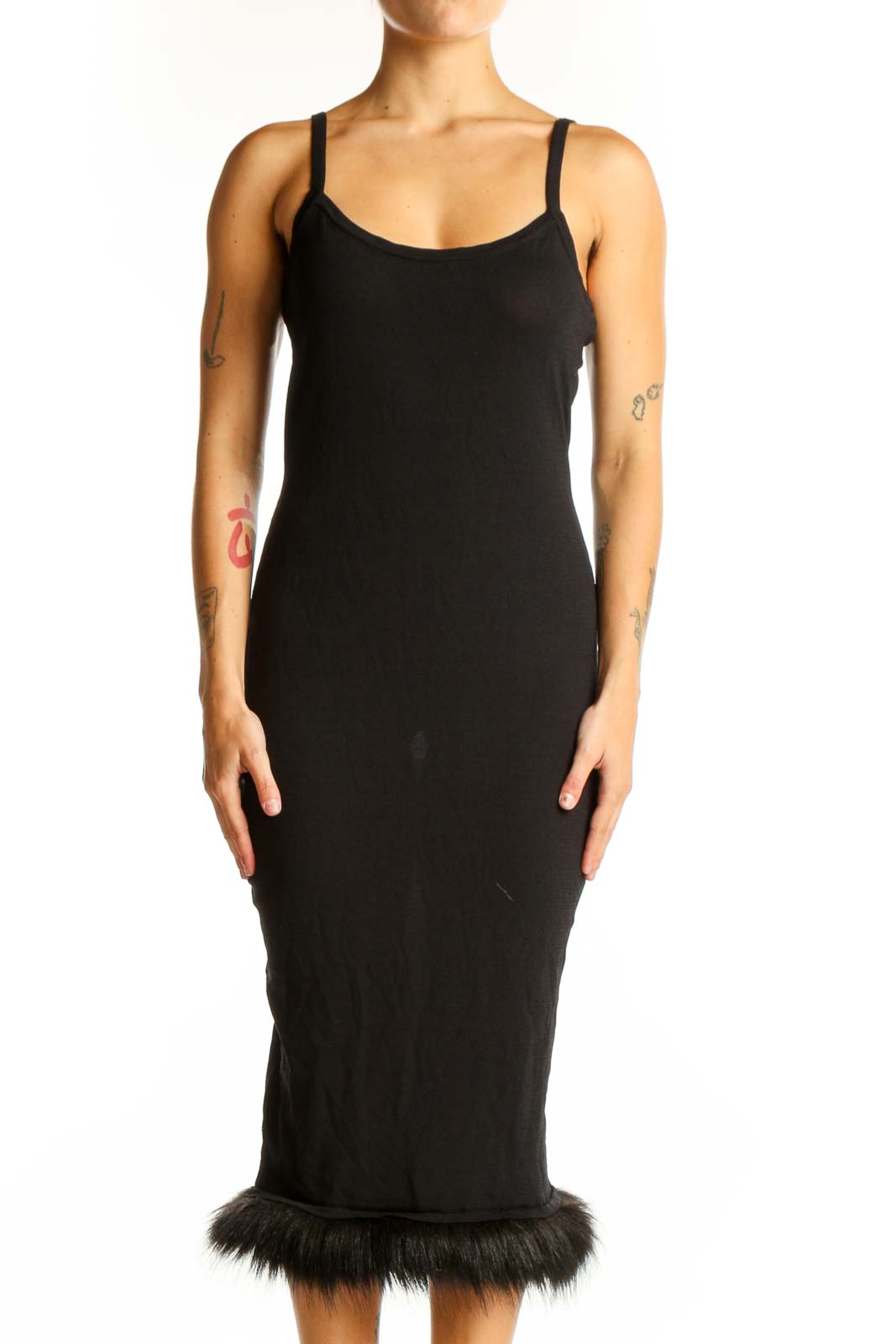 Black Faux Fur Trim Midi Dress Front