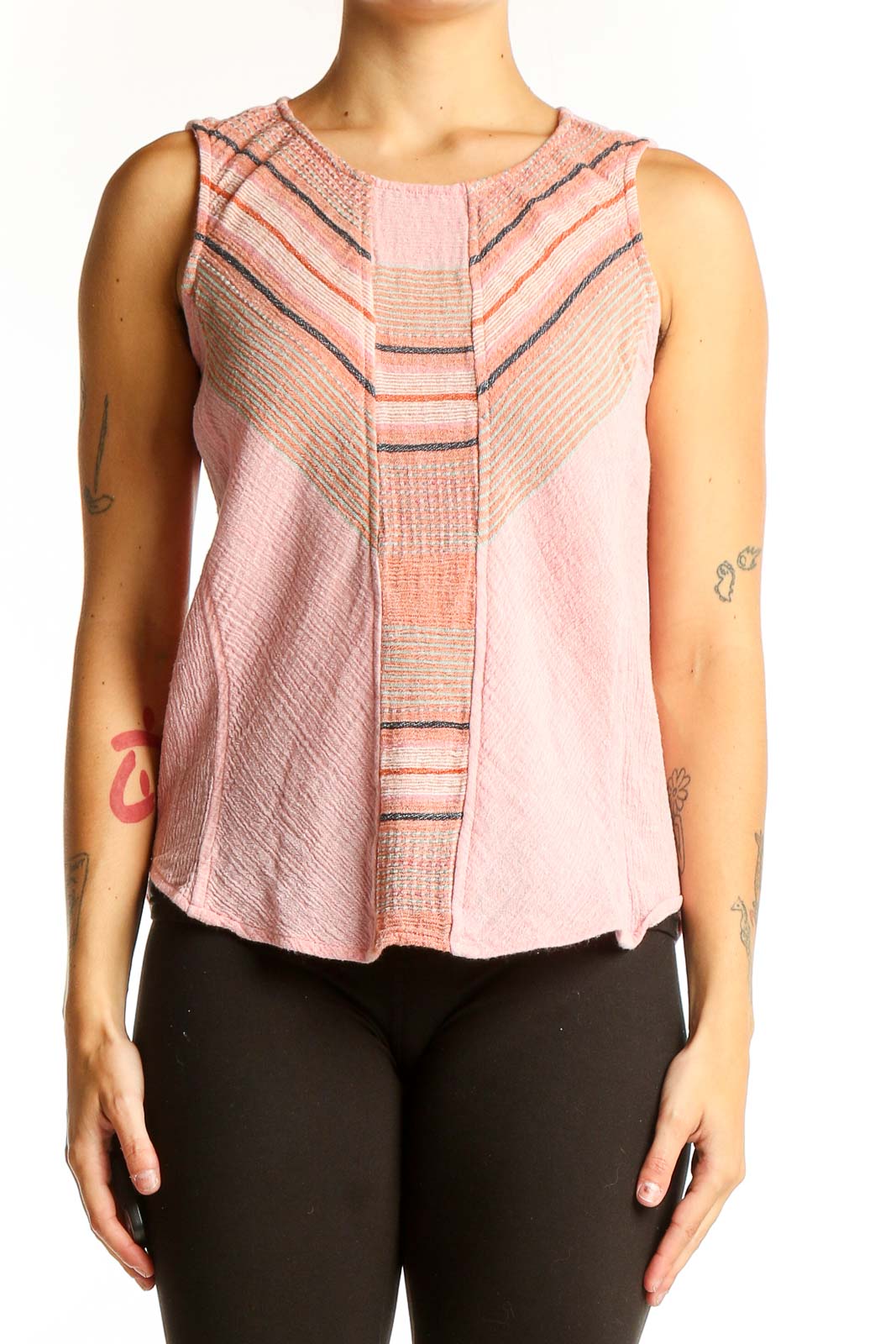 Pink Striped Sleeveless Cotton Top Front