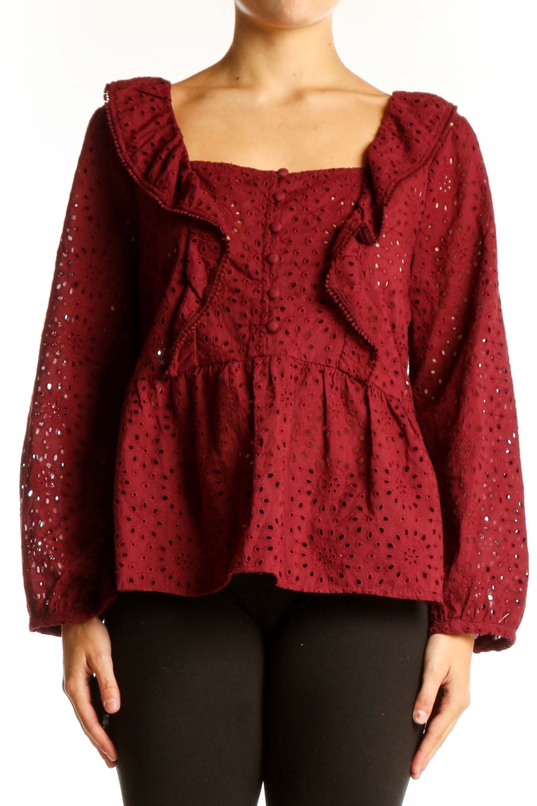 Burgundy Eyelet Lace Peplum Blouse Front