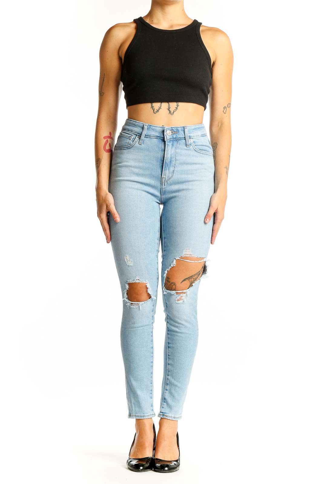 Light Blue Distressed High-Waist Skinny Jeans Front