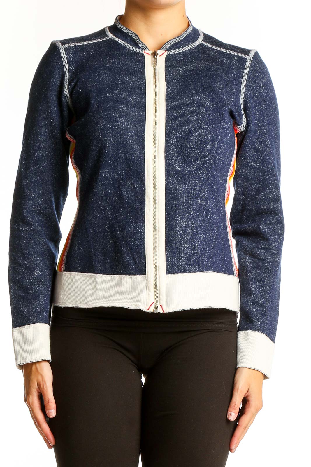 Navy Zip-Up Jacket with Rainbow Stripes Front