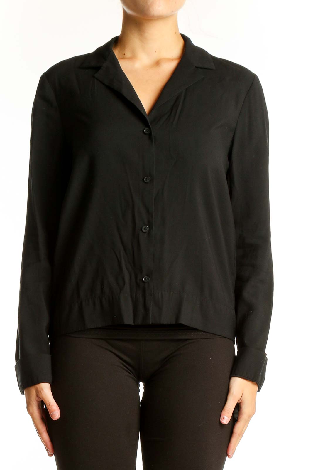 Black Button-Up Long Sleeve Blouse Front