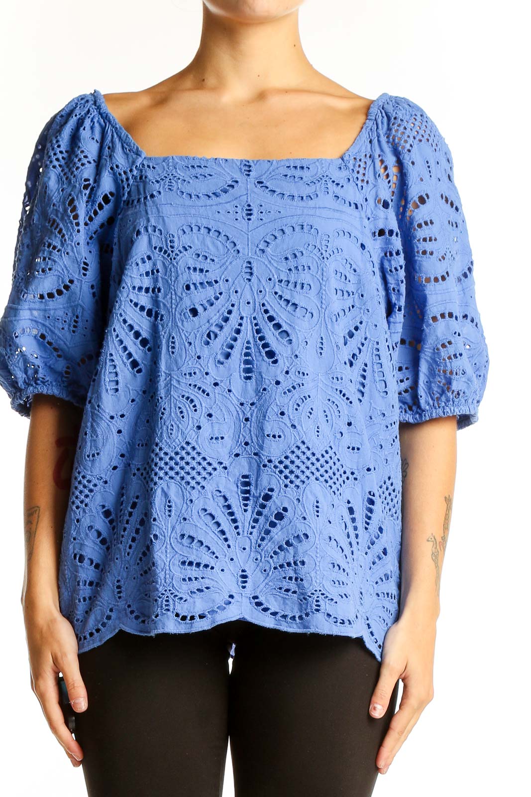 Blue Eyelet Lace Cotton Blouse Front