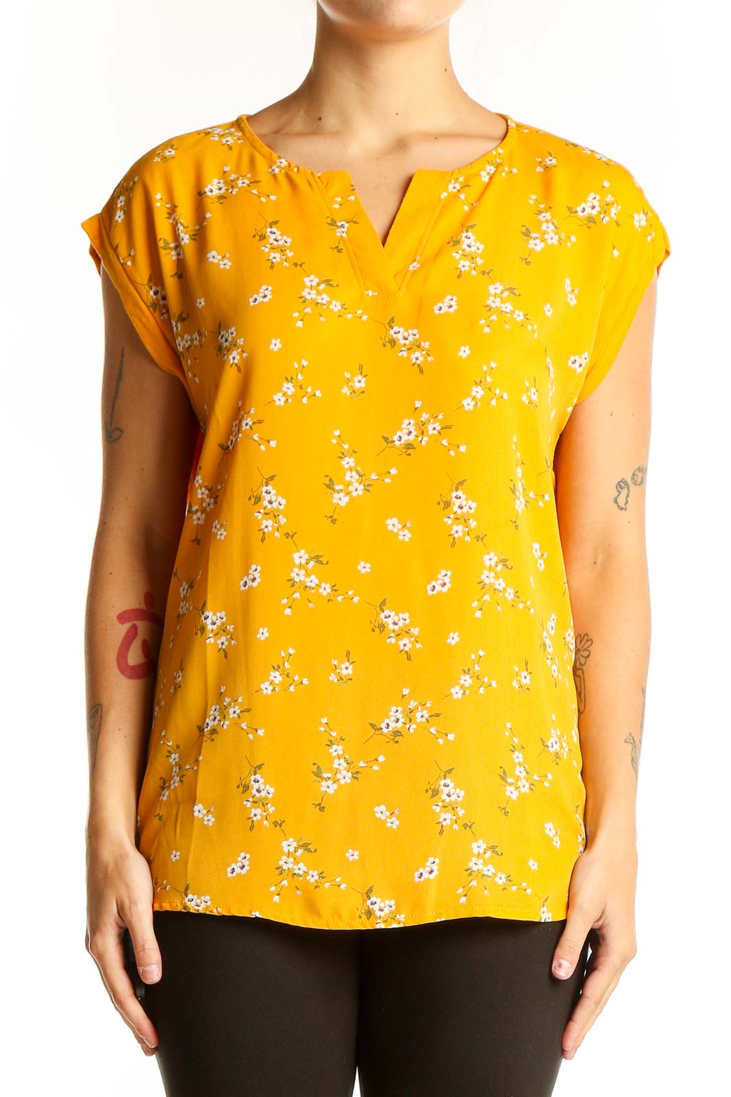 Yellow Floral Print Short Sleeve Blouse Front
