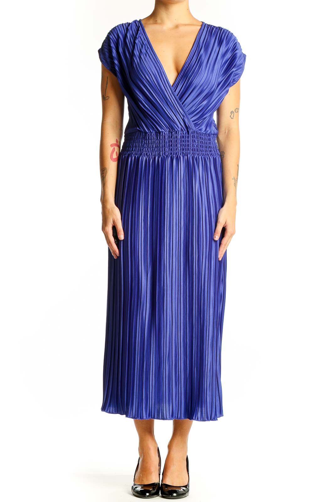 Blue Pleated V-Neck Midi Dress Front