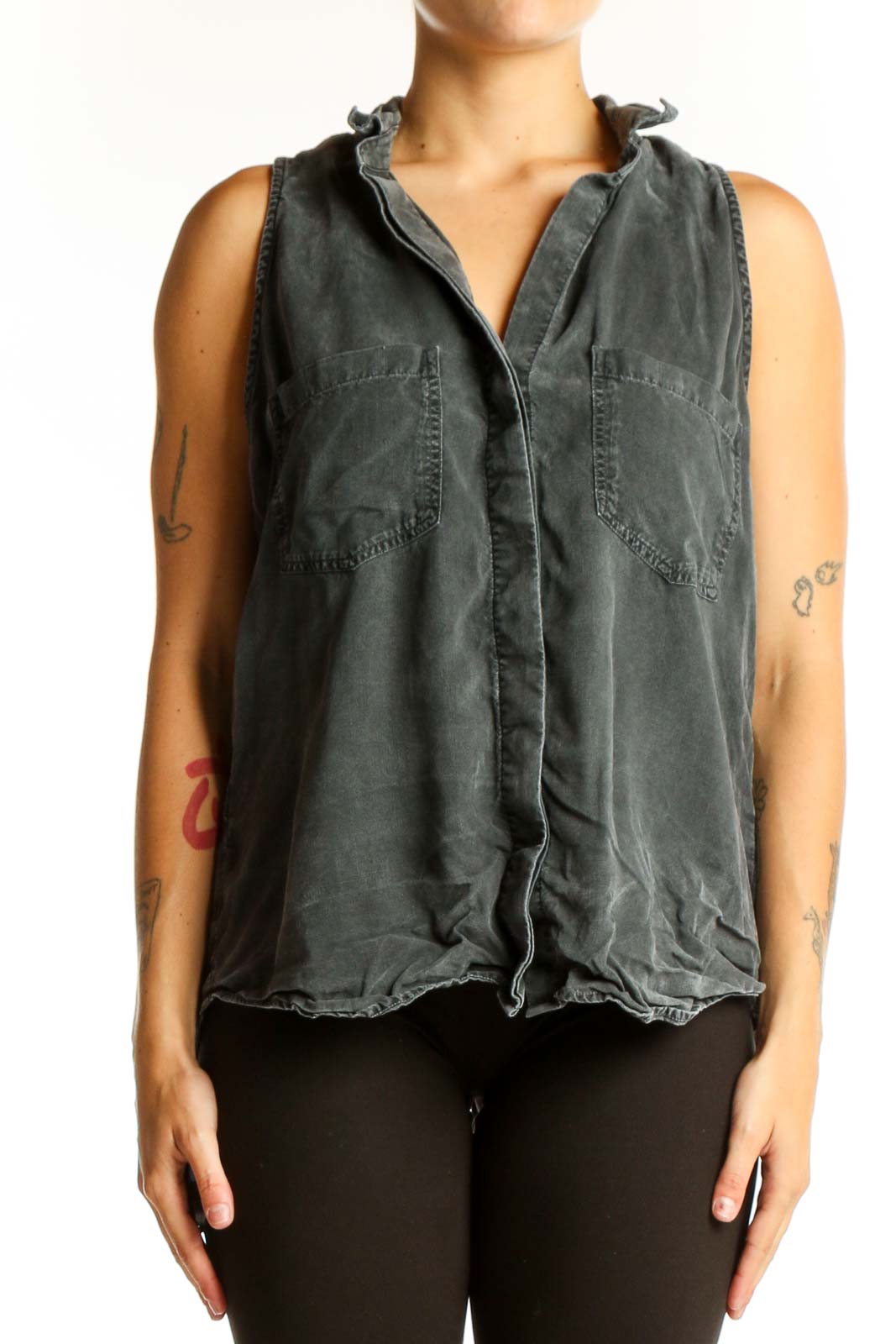 Gray Sleeveless Button-Up Top Front