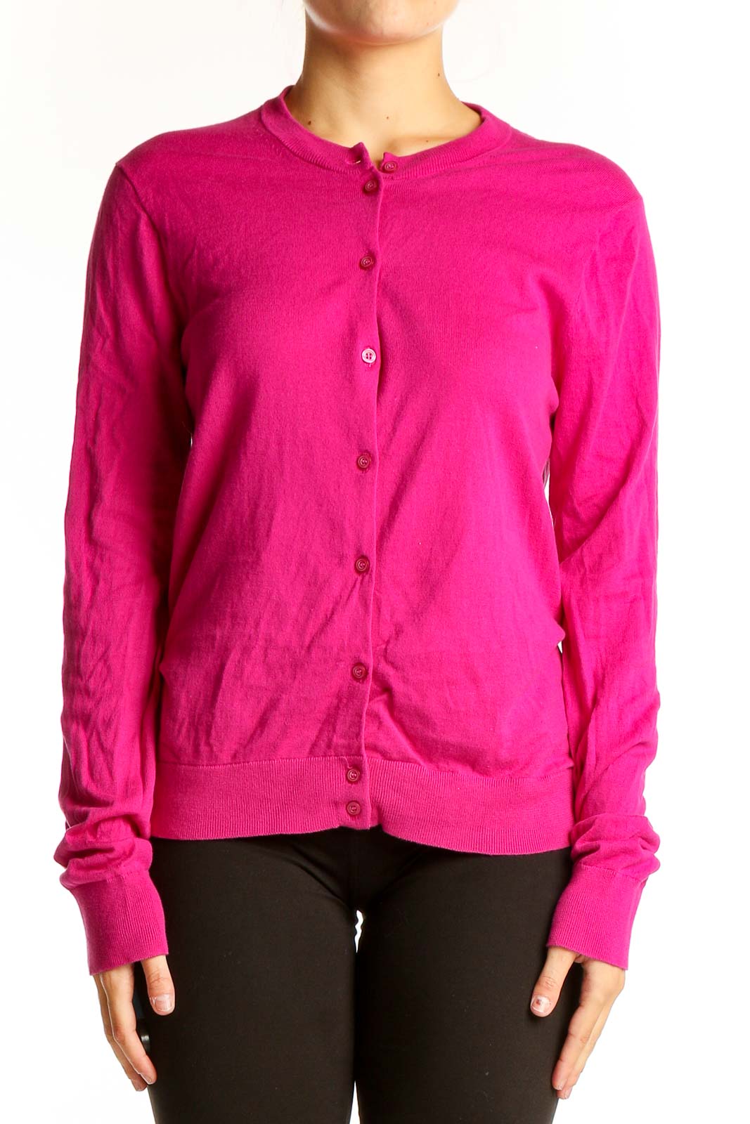 Hot Pink Cotton Button-Up Cardigan Front