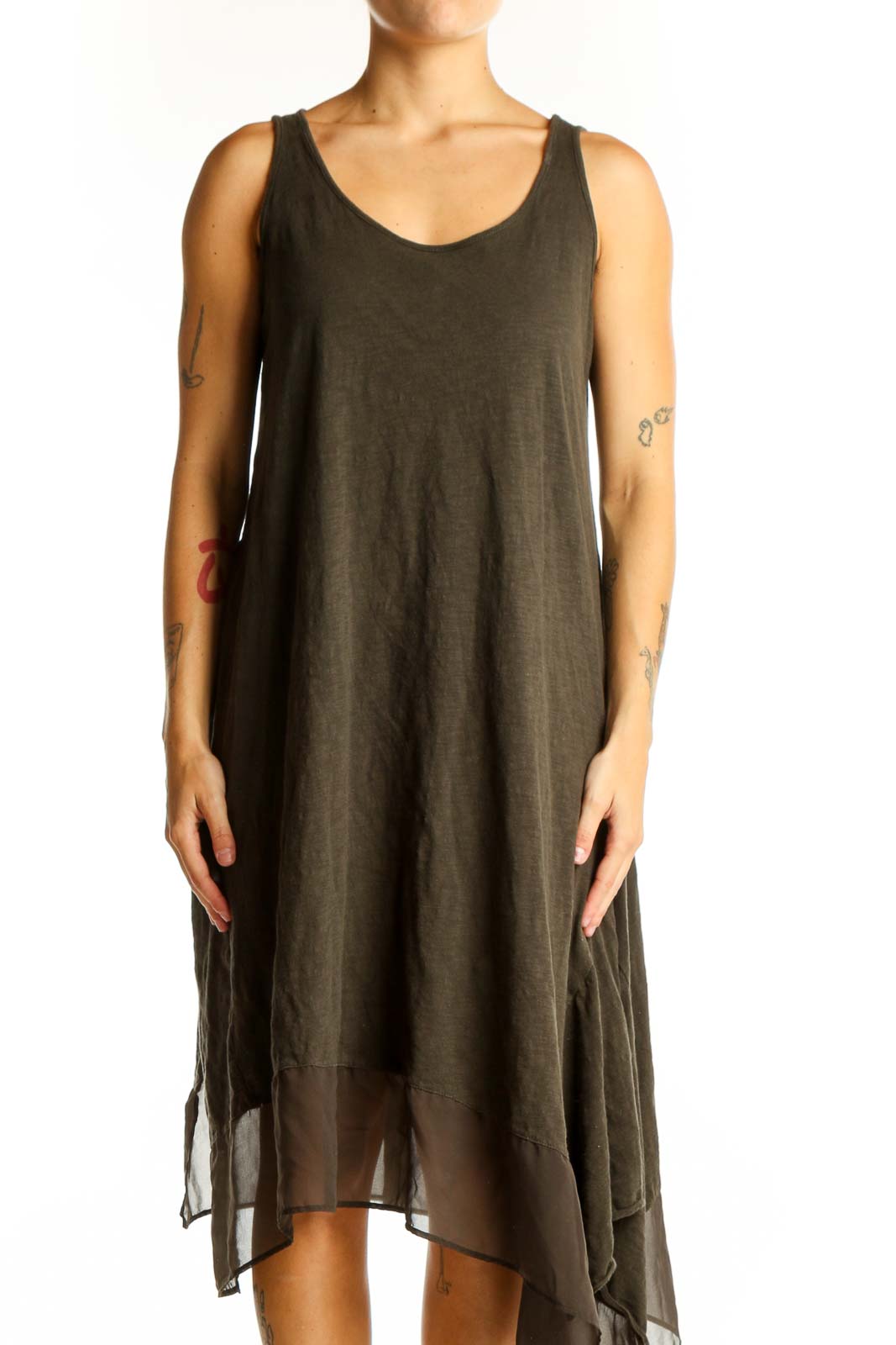 Olive Asymmetrical Sleeveless Dress Front