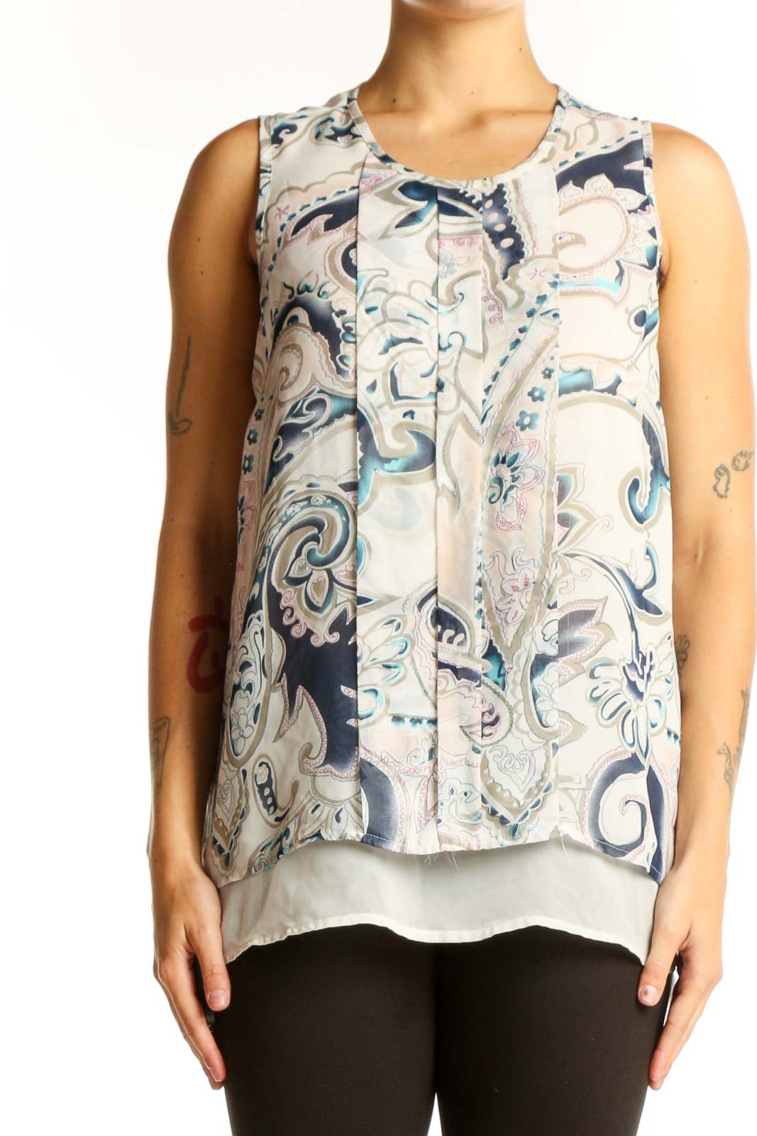 Blue and White Paisley Sleeveless Blouse Front