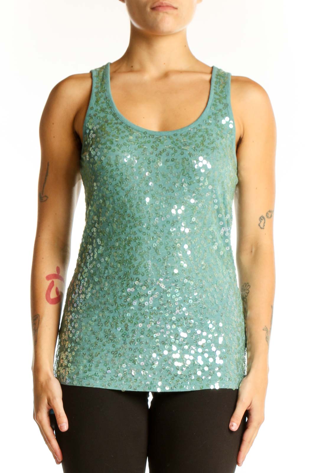 Mint Green Sequined Tank Top Front