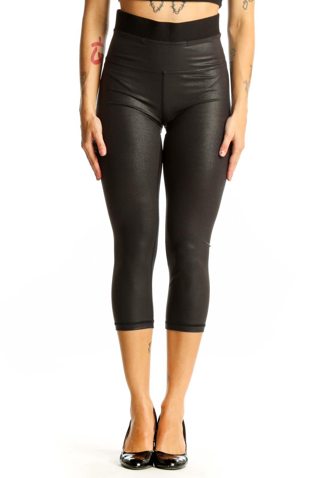 Black Shiny Capri Leggings Front
