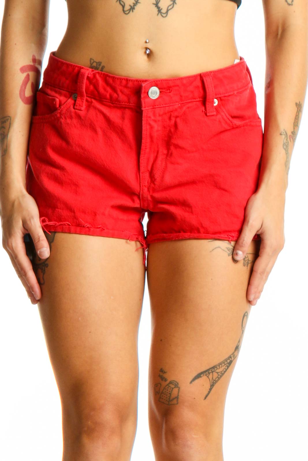 Red Cotton Casual Shorts Front