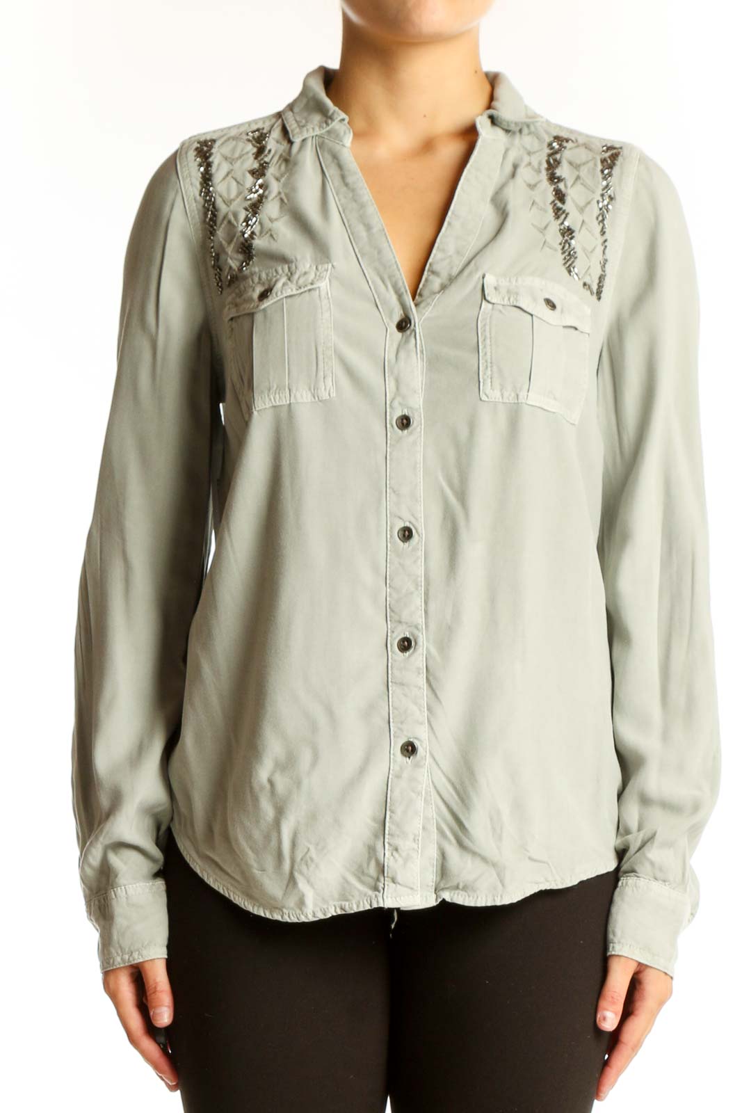 Sage Green Lace-Trimmed Button-Down Shirt Front