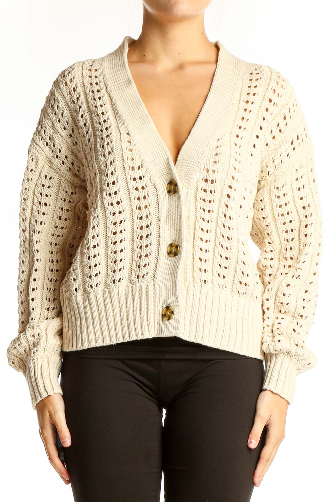 Cream Crochet Knit Cardigan Front