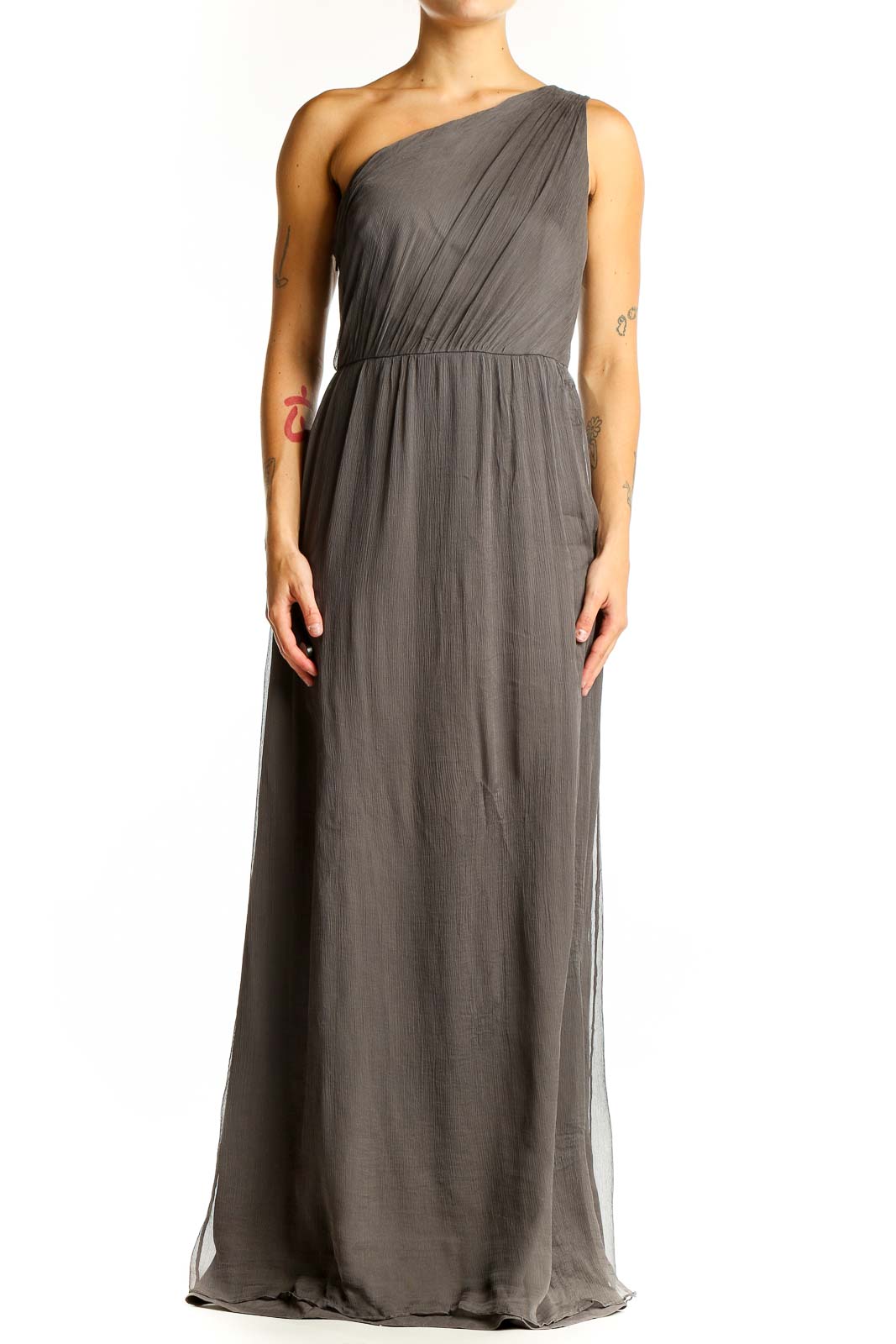 Gray One-Shoulder Silk Maxi Dress Front
