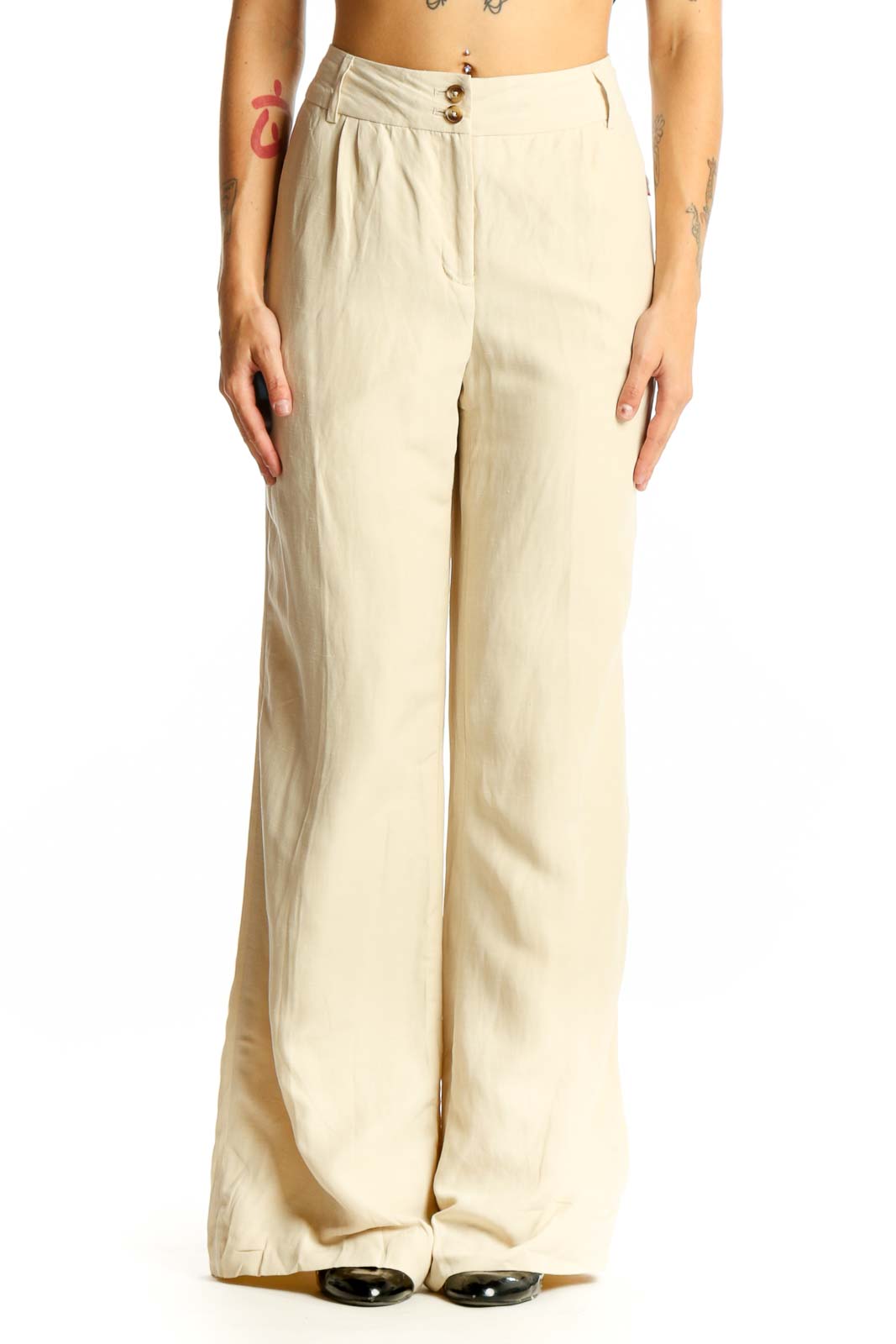 Beige Wide-Leg Linen-Silk Blend Pants Front