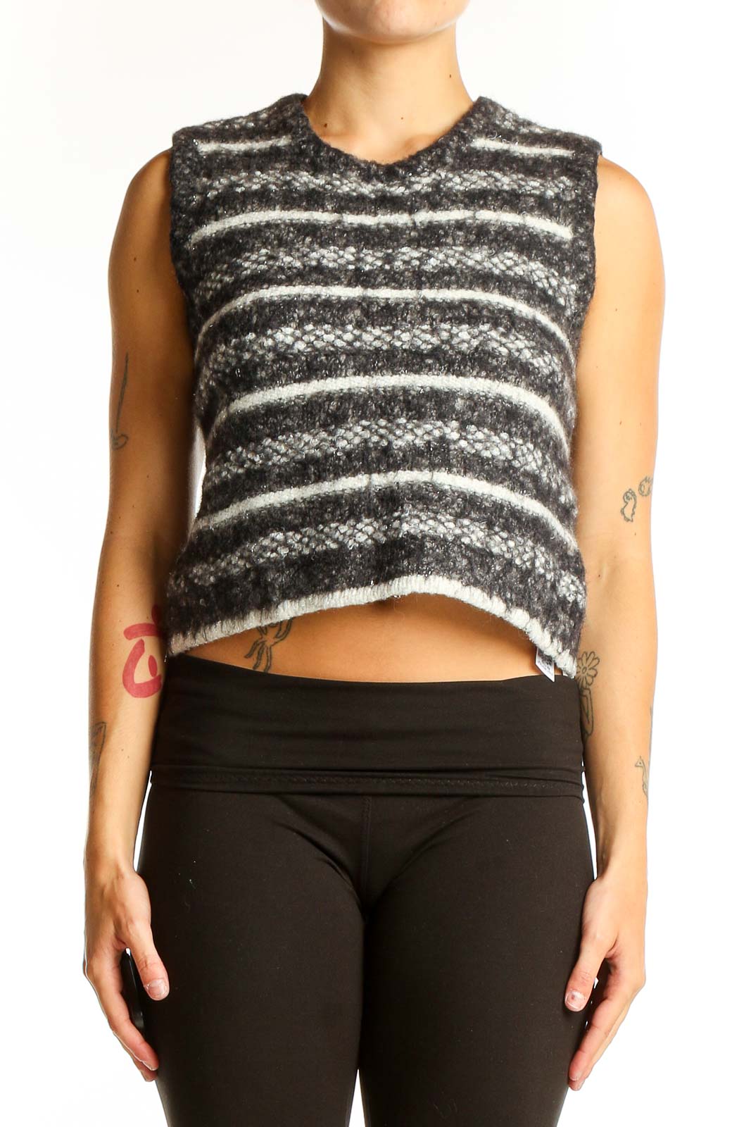Gray Striped Cropped Knit Vest Front