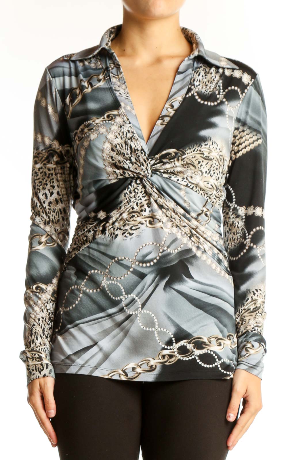 Gray Leopard Print Twist-Front Blouse Front