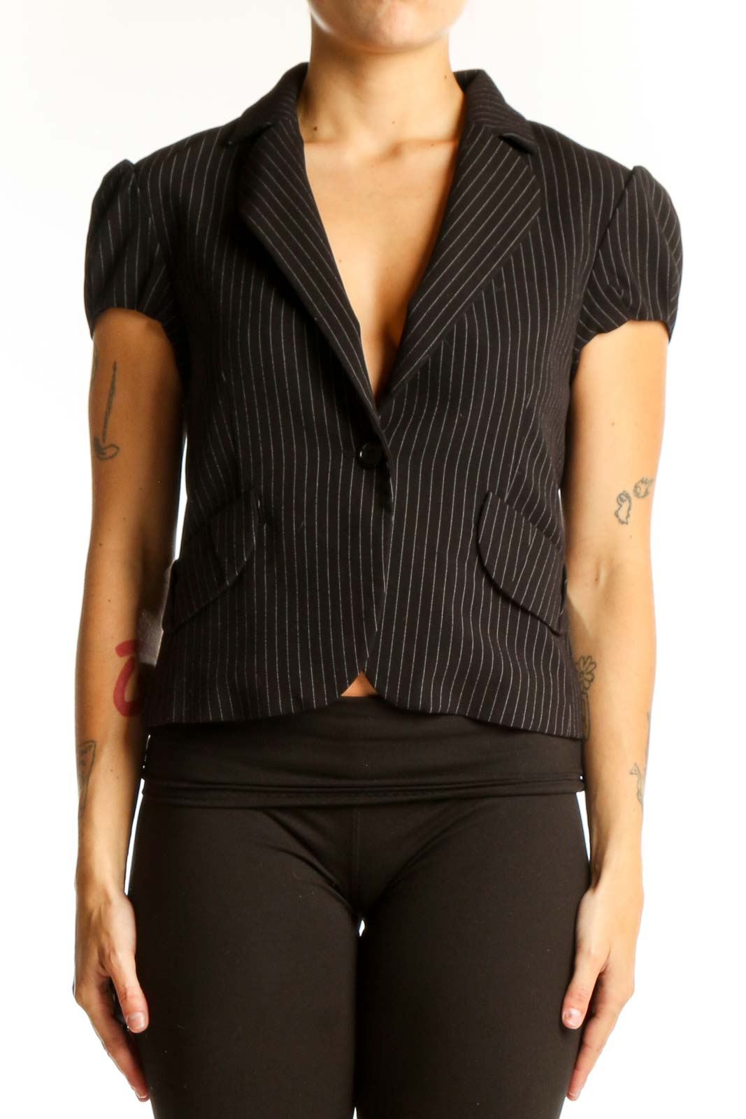 Black Pinstripe Short-Sleeve Blazer Front