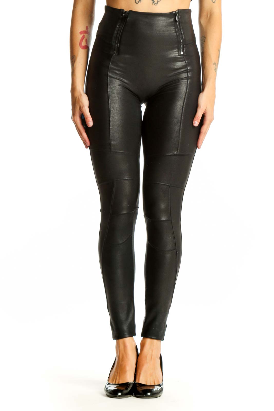 Black High-Waisted Faux Leather Leggings Front
