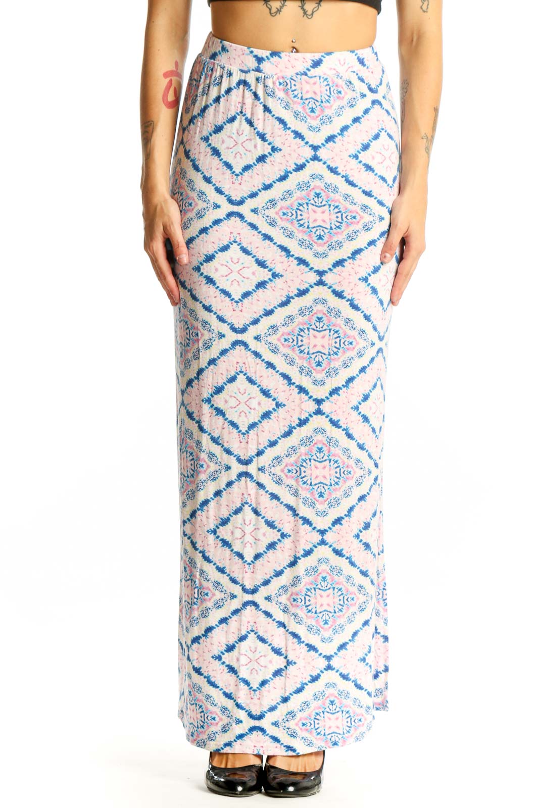 Blue and Pink Geometric Print Maxi Skirt Front