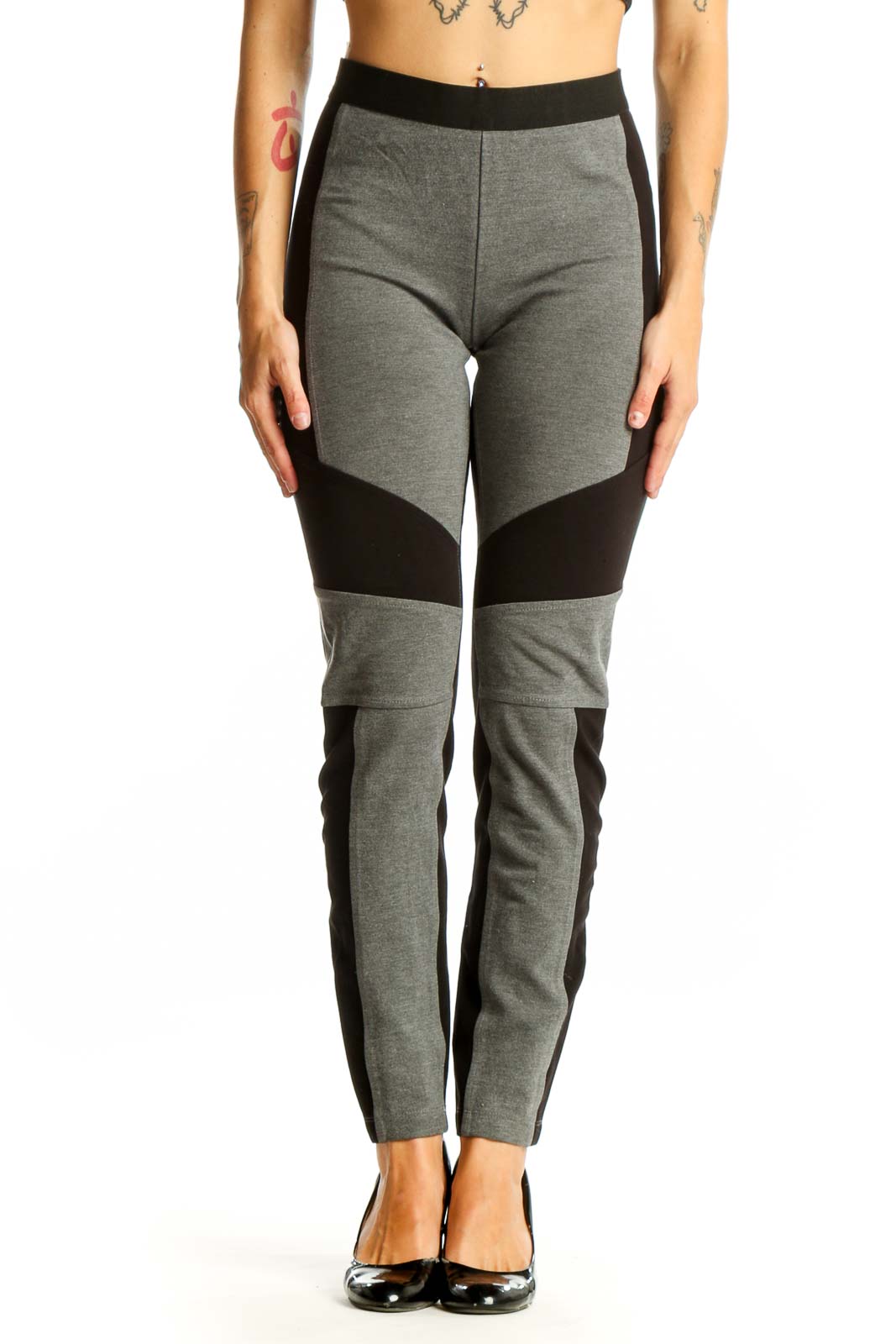 Gray and Black Color Block Leggings Front