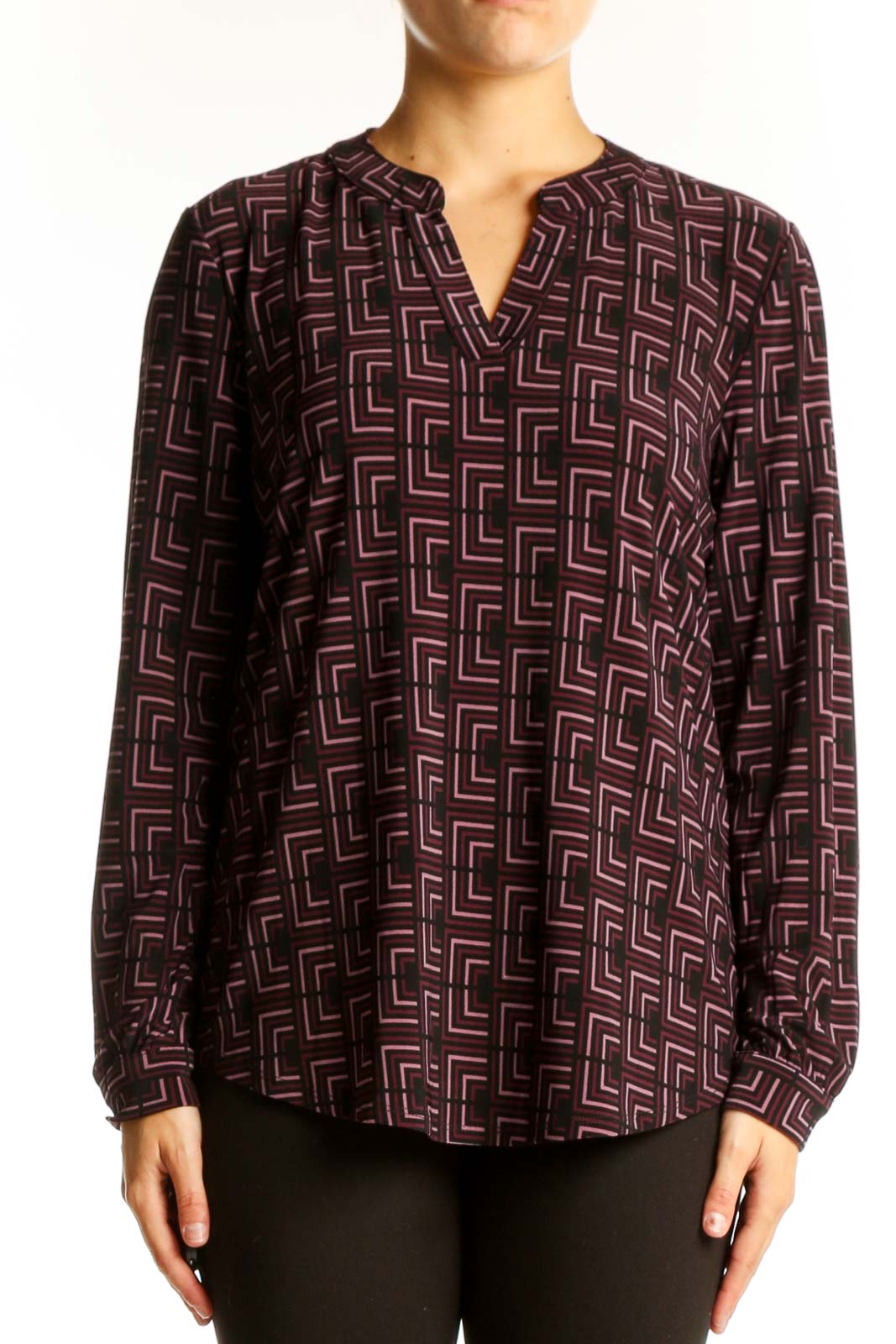 Burgundy Geometric Print Long Sleeve Blouse Front