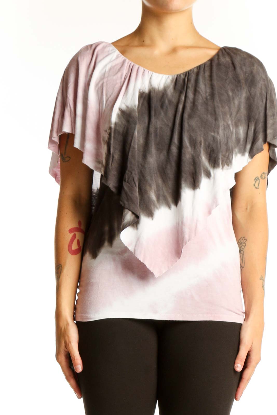 Pink and Gray Tie-Dye Flutter Sleeve Top Front