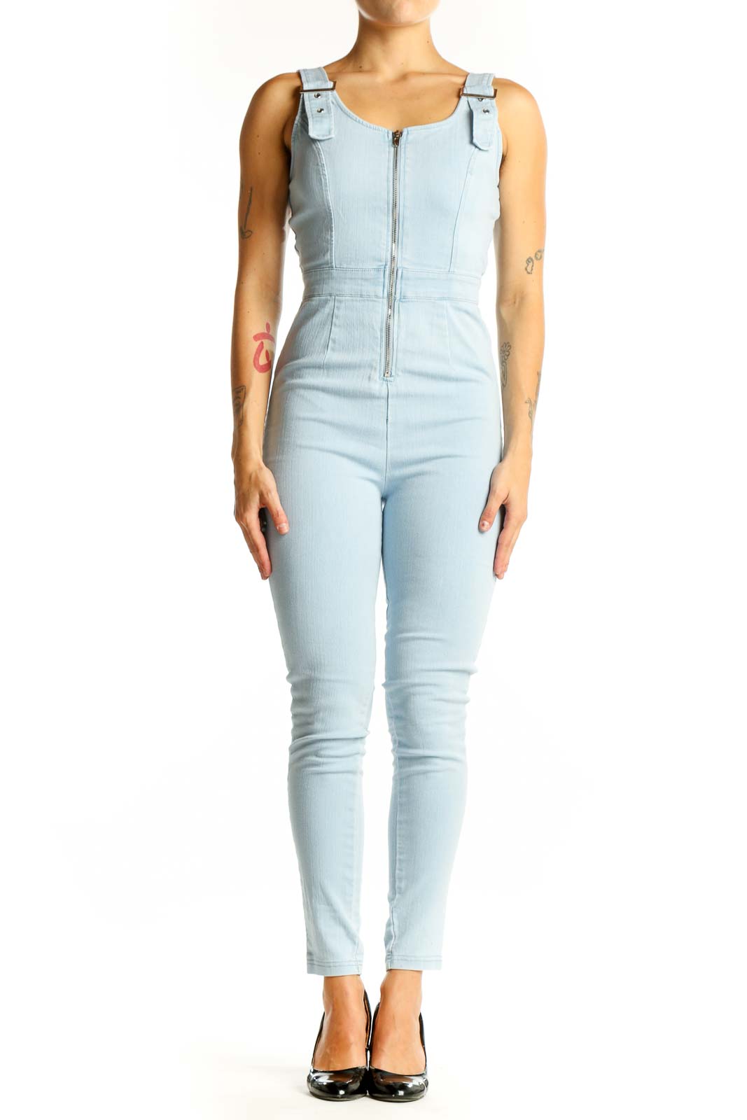 Light Blue Cotton Zip-Front Jumpsuit Front