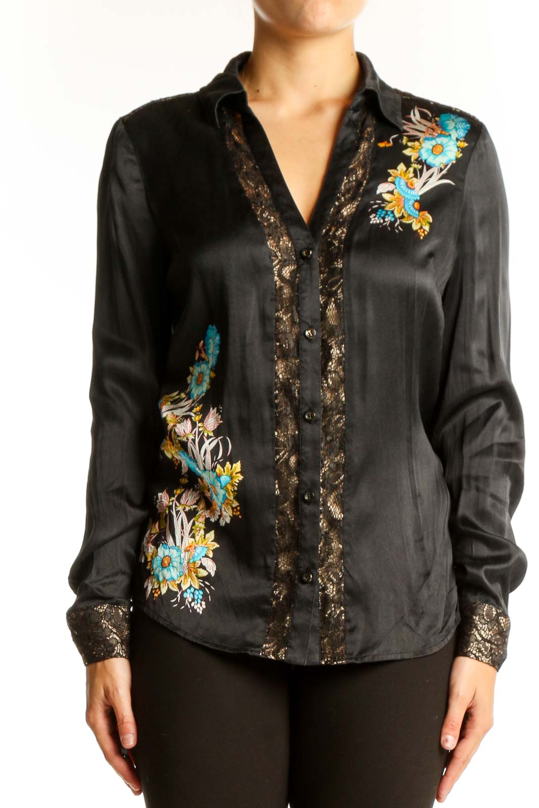 Black Silk Embroidered Button-Up Blouse Front