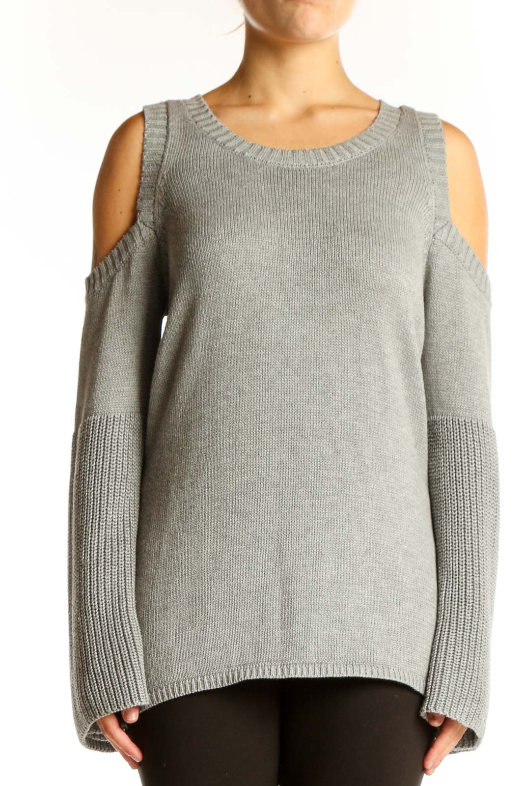 Gray Cold Shoulder Knit Sweater Front