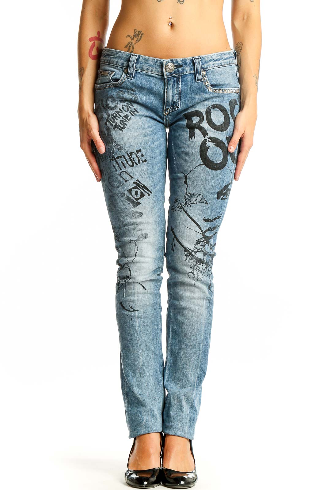Light Blue Graffiti-Style Printed Jeans Front