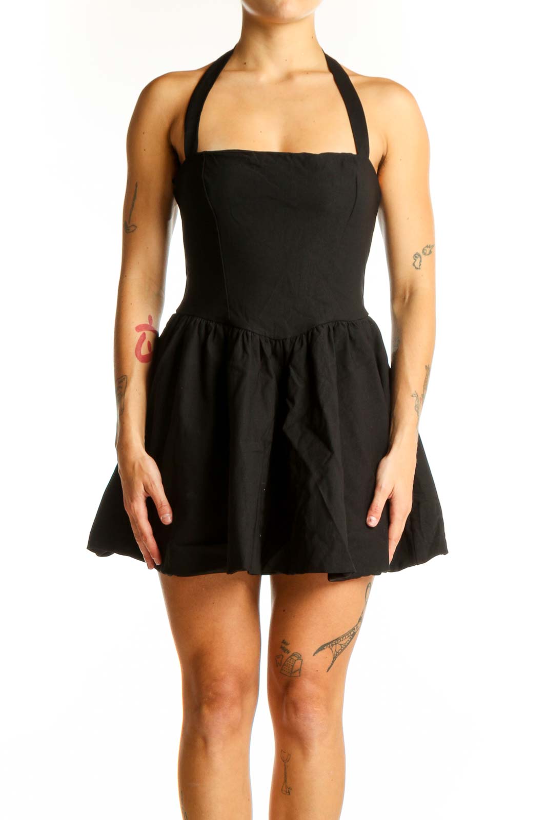 Black Halter Fit-and-Flare Mini Dress Front