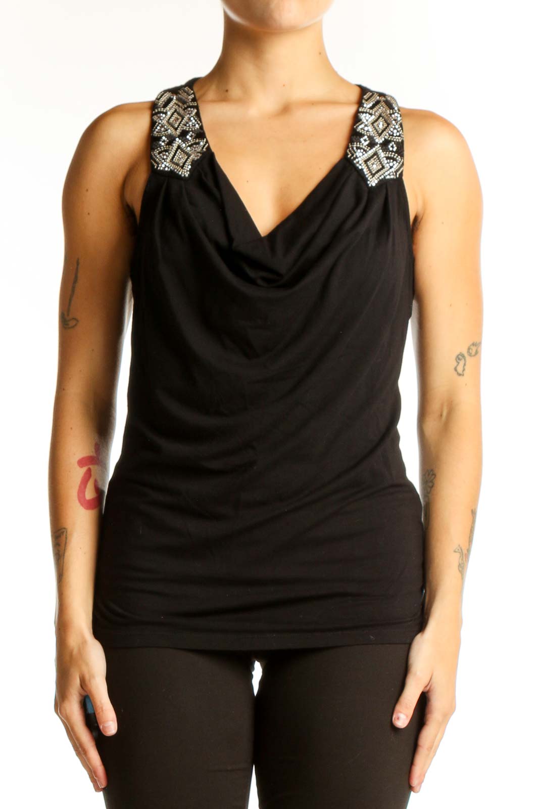 Black Embellished Cowl Neck Sleeveless Top Front