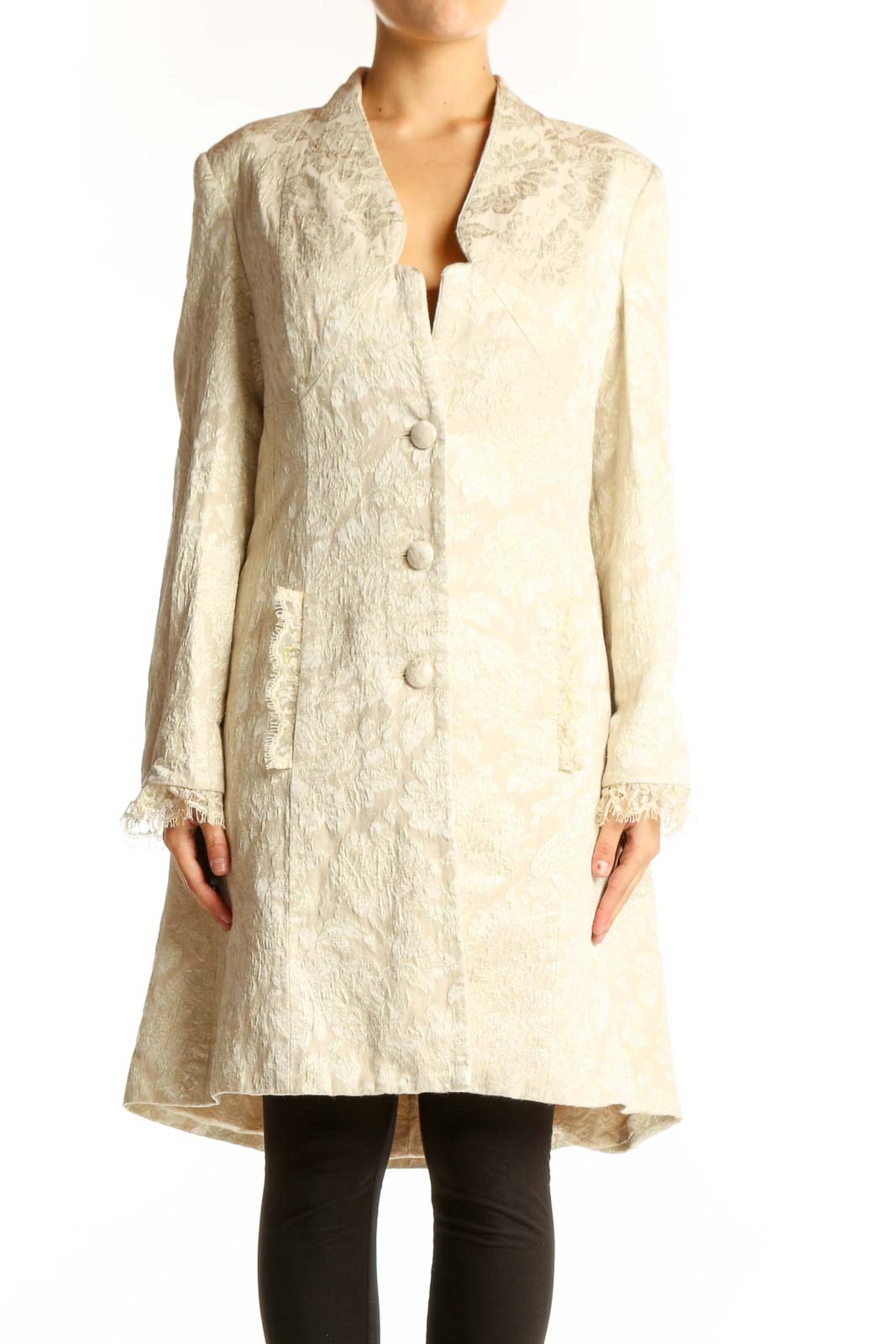Cream Textured Long Coat Front