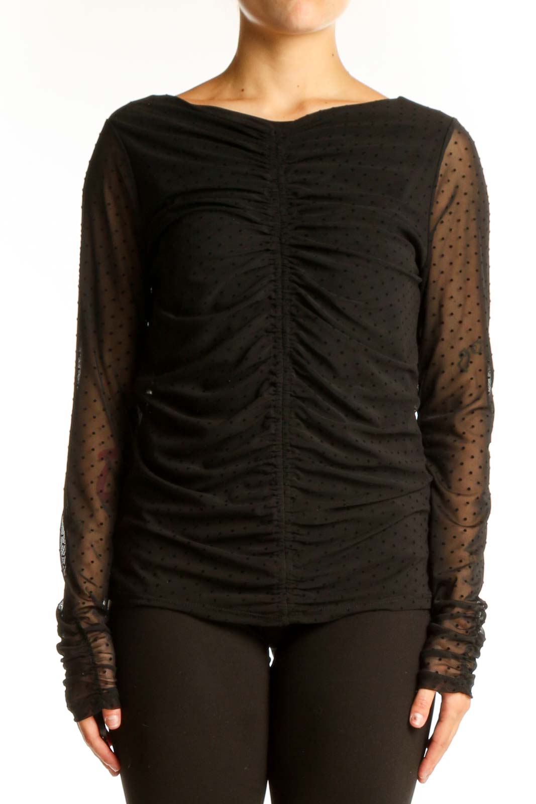Black Ruched Sheer Sleeve Top Front