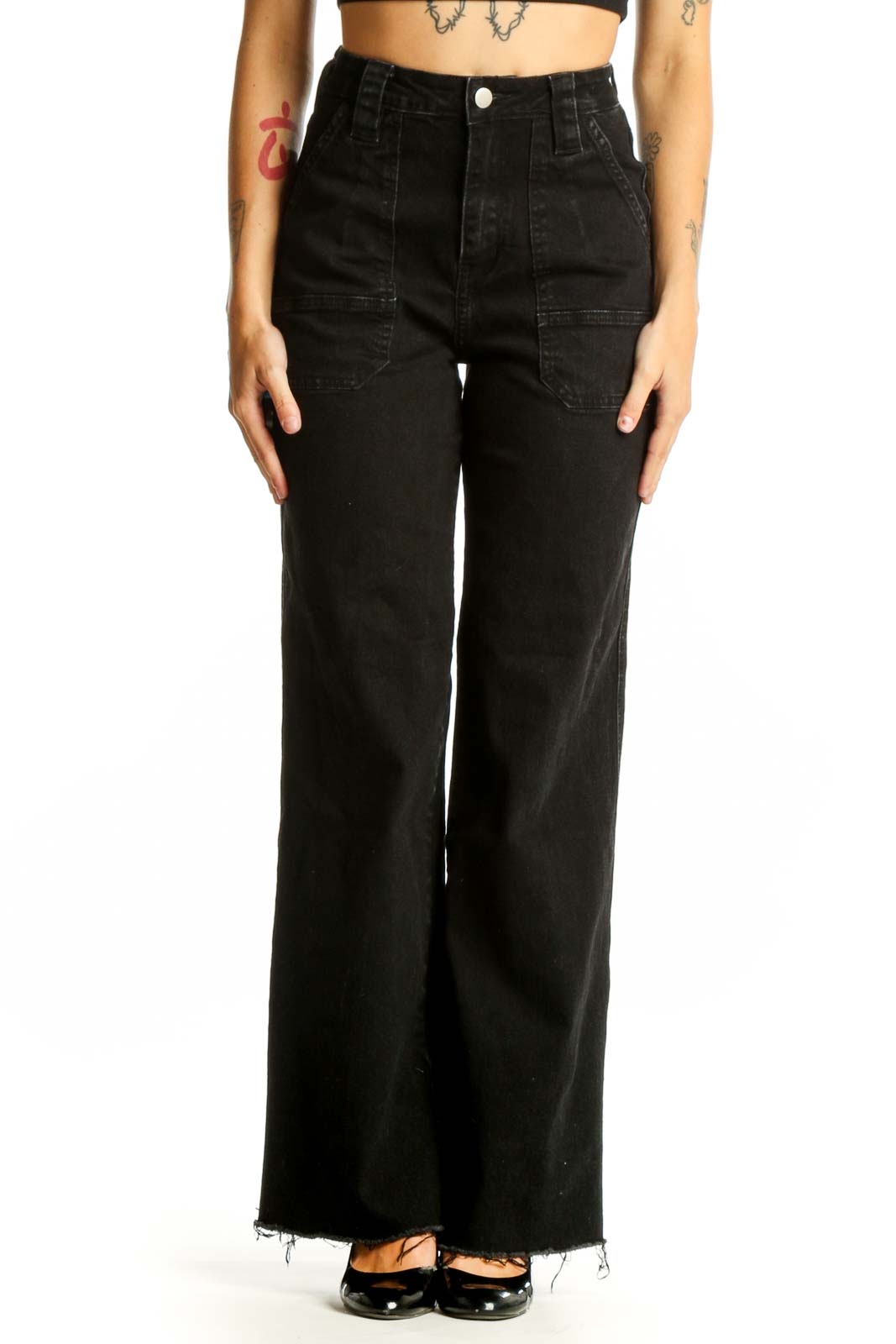 Black Wide-Leg Cotton Denim Jeans Front
