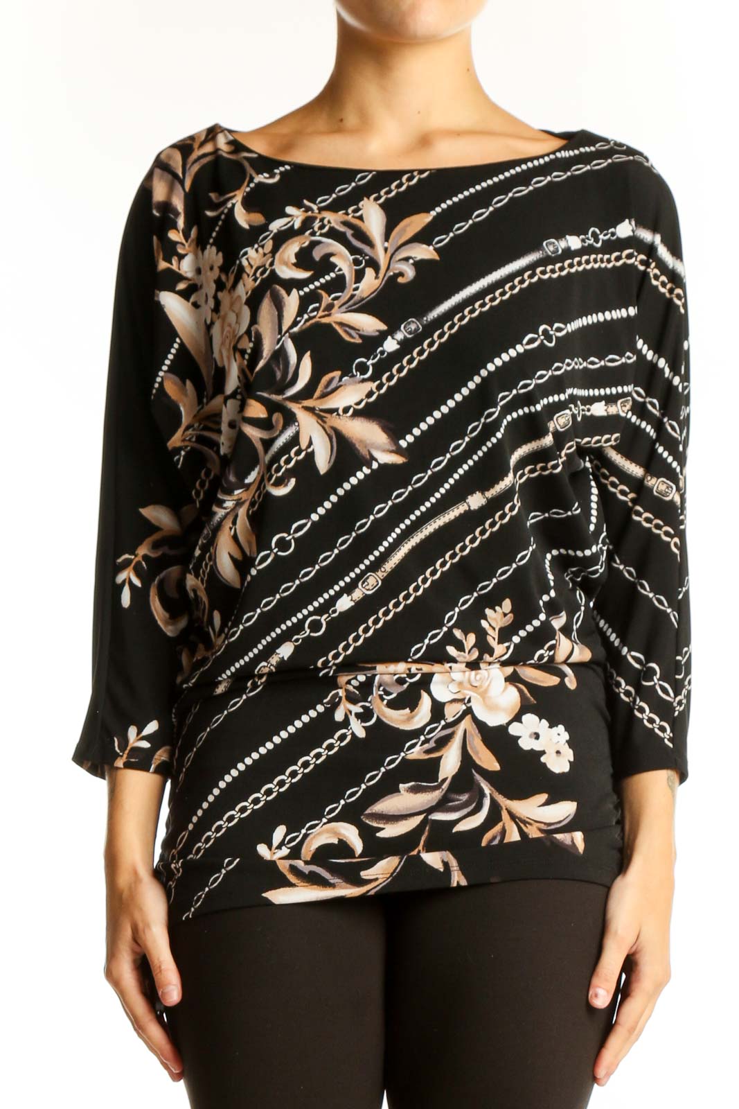 Black Floral Chain Print Dolman Top Front