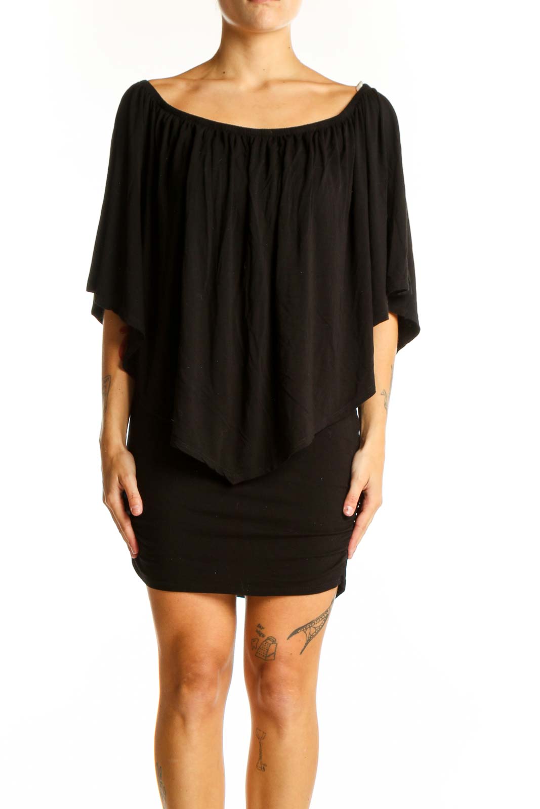 Black Draped Overlay Mini Dress Front