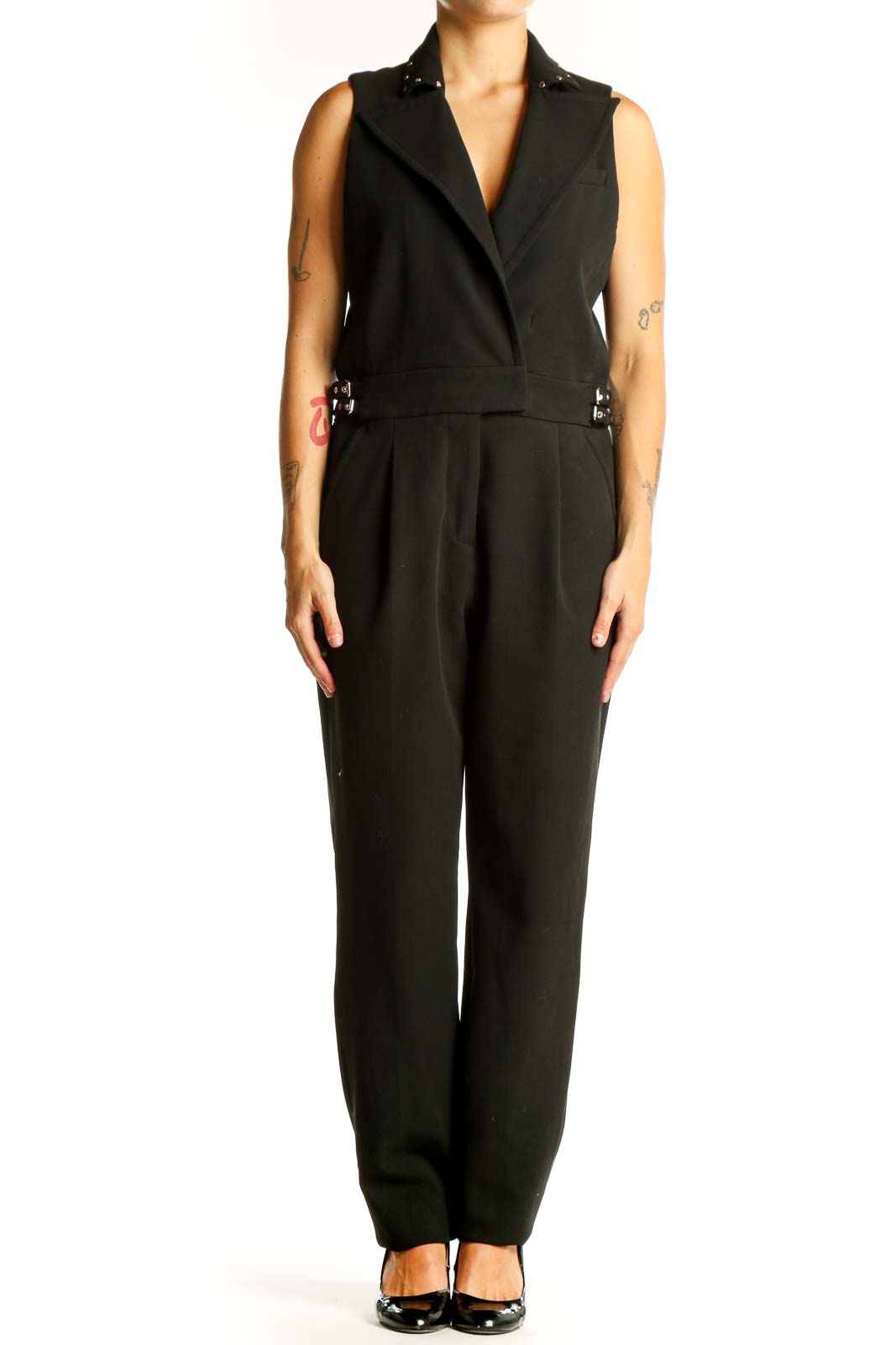 Black Sleeveless Jumpsuit with Studded Collar Front