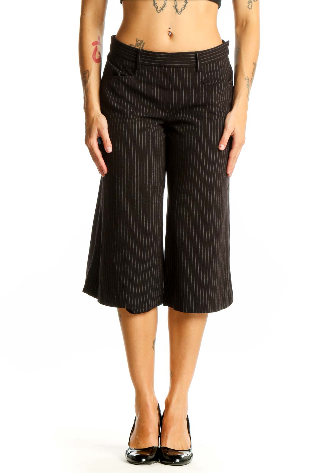Black Pinstriped Cropped Wide-Leg Trousers Front