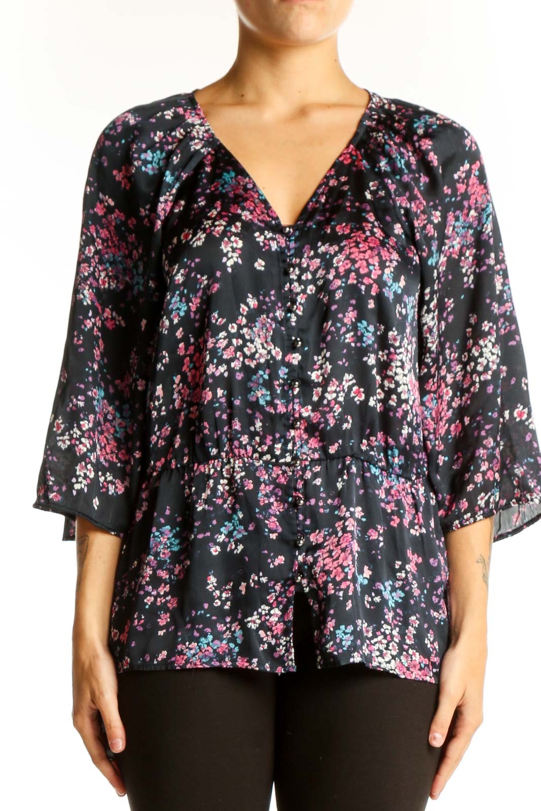 Black Floral Print V-Neck Blouse Front
