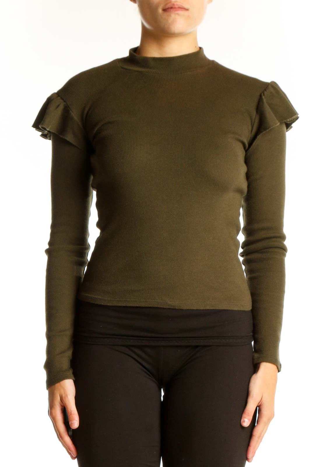 Olive Ribbed Ruffle Sleeve Top Front