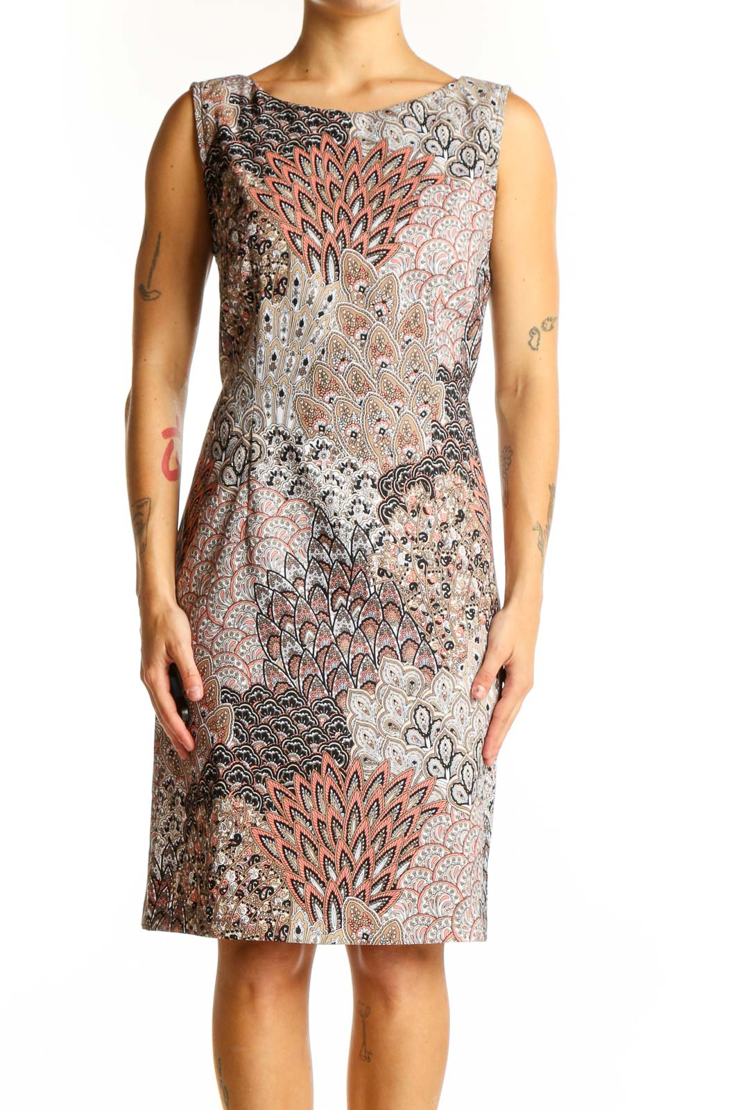 Multicolor Peacock Print Sheath Dress Front