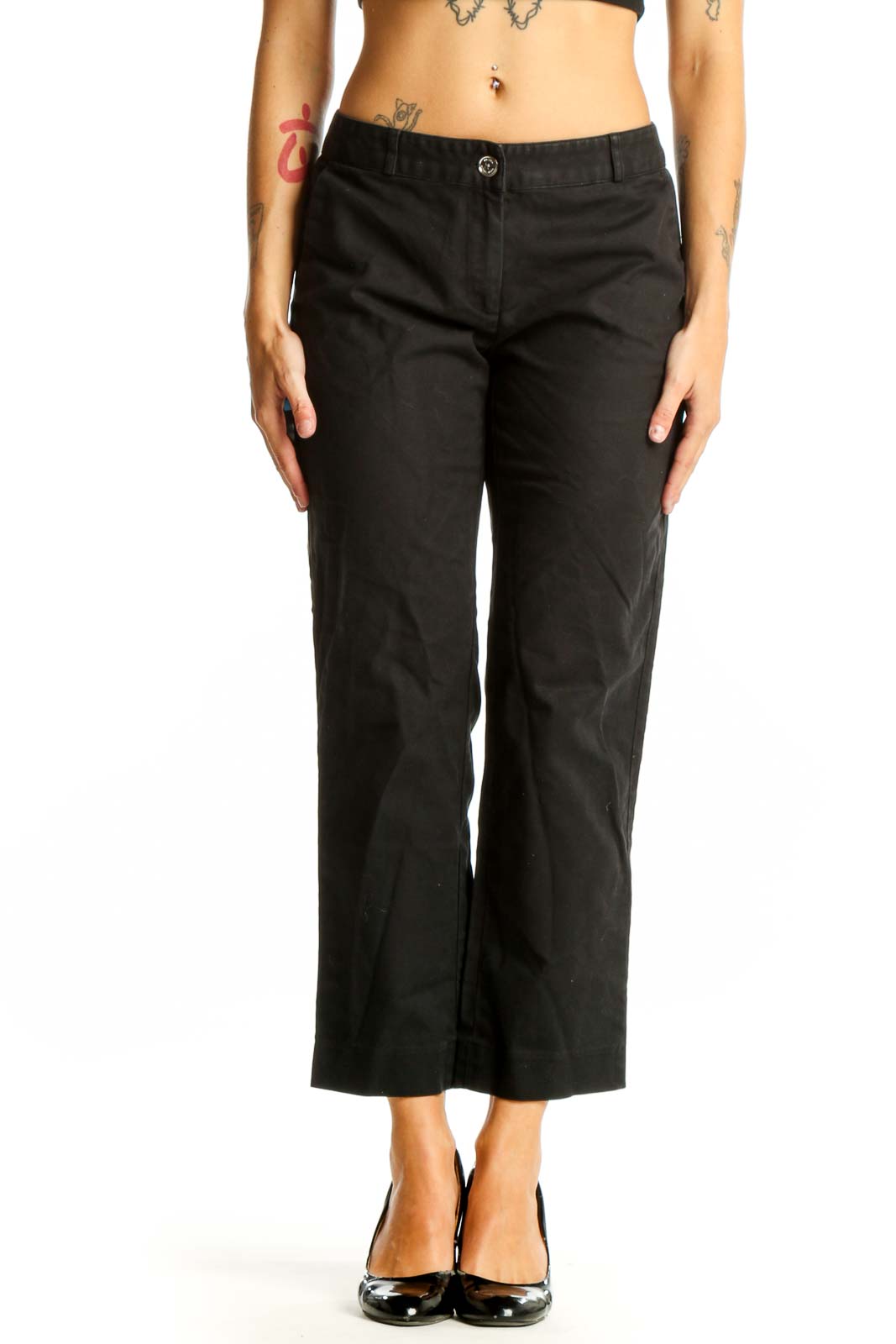 Black Cotton Blend Cropped Dress Pants Front